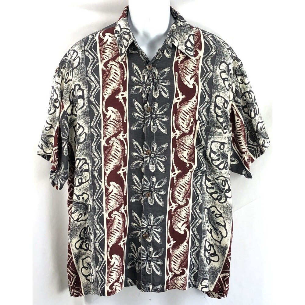 Vintage Blue Sky Shirt XL Gray Maroon Tropical Hawaiian Button Up Luau Fun